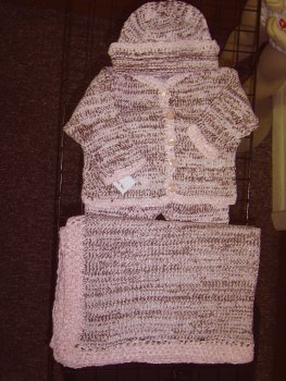 Cpk41pkbrn,hand Crocheted Pink Chenille/ Dk Bronwn Cotton Tweed Girls Sweater,pant,hat Set and Matching Blanket