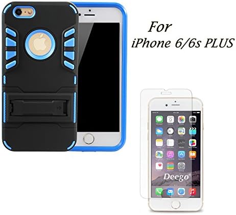 Dotopwhj Phone Case for iPhone 6/6s Plus Shock-Proof Hard Case Cover Stand Holder Clip with 5.5in Tempered Glass Screen Protector 3 in 1 Ultra Protection, Blue