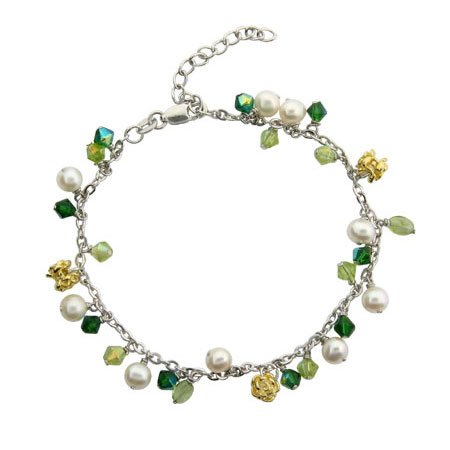 Eve's Addiction Sterling Silver Peridot Stones & White Pearls Anklet