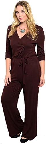 Shop the Trends Women's Plus Size 3/4 Sleeve Knit Jumpsuit 3X-Large Brown V-Neck