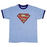  : Superman Distressed Shield Logo Ringer SuperHero T-Shirt Heather Blue