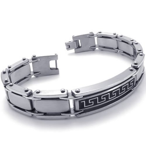 Konov Jewellery Polished Stainless Steel Link Mens Bracelet Bangle, Colour Silver Black, Length 8 1/4 inch