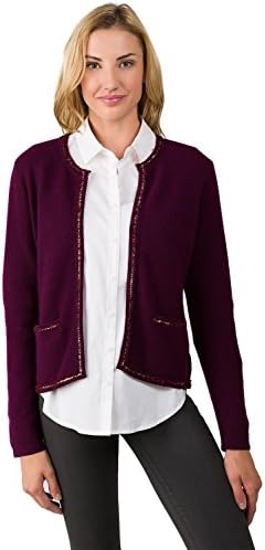 by Jennie LIU Women's 100% Cashmere Long Sleeve Lace-Trim Crop Cardigan