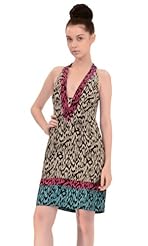 Acetate/Silk Halter Leopard Print Plunging Neck Lace-Up Empire   Waistline  Dress