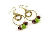 Spiral Brass and Sphere Glass in Amber and Green Dangle Earrings