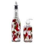 ArtisanStreet's Red Chili Pepper Design Pour Bottle & Soap Pump Dispenser Set. Hand Painted & Signed