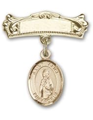 14K Gold Baby Badge with St. Alice Charm and Arched Polished Badge Pin