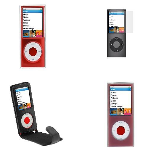 Transparent Clear Snap On Crystal Case + Premium Black Flip Leather Case + Smoke Silicone Skin Case + Clear Reusable LCD Screen Protector for Apple ipod Nano 8GB - 16GB 4G 4th Generation
