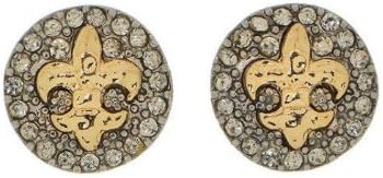 Two Tone Bejeweled Rhinestone Hammered Fleur De Lis Stud Earrings 0.50" Comes Boxed With History Card