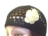 Cp156bw, Hand Crocheted Black Gimp Skull Cap with Crocheted White Gimp Rosette Skull Cap for Women, Teens and Petites.
