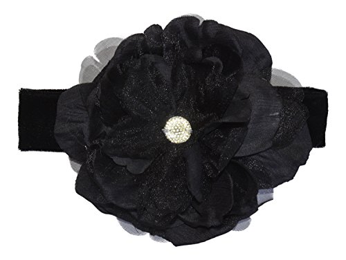 PLH Bows Large Peony Flower with Stone Center on Velvet Headband (Black)
