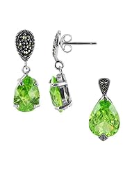 Sterling Silver Teardrop Peridot Cubic Zirconia Stones with Marcasite Accents Post Back Earrings and Pendant Jewelry Set