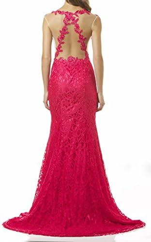 Sherrydress New Arrival Women's Luxury Fuchsia Lace Sheer Gown with Sweep Train