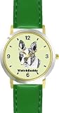 Boston Terrier (SC) Dog - WATCHBUDDY® DESIGNER DELUXE TWO-TONE THEME WATCH - Arabic Numbers-EMERALD ISLE STYLE - Light Green Dial with Green Leather Strap-Women's Size-Small