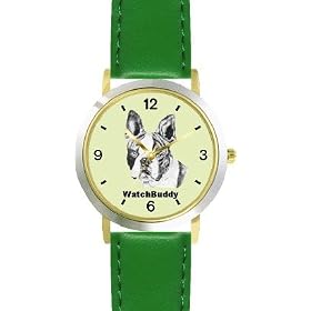 Boston Terrier (SC) Dog - WATCHBUDDY® DESIGNER DELUXE TWO-TONE THEME WATCH - Arabic Numbers-EMERALD... by WatchBuddy