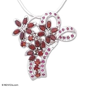 Garnet and ruby brooch necklace, 'Bouquet' 17.3 L by NOVICA