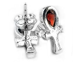 Sterling Silver Garnet Egyptian Ankh Life Stud Earrings