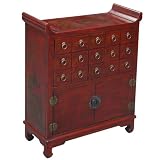 Handmade Oriental Furniture - 39" Antique Style Red Leather Medicine Chest Style Buffet / Cabinet