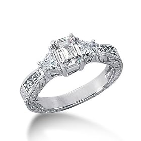 1.0 Ct Diamond Engagement Ring 14k White Gold Emerald Cut Twin Trillian SI3 H
