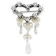 Sterling Silver Crystal/Freshwater Cultured Pearl/CZ (Cubic Zirconia) Antiqued Heart Pin