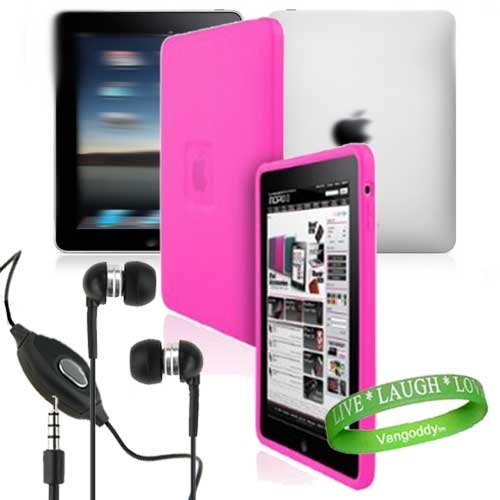 Apple Ipad Accessories Kit: ** Hot Pink ** Silicone Case Skin Cover+ iPad Earphones with Mic + Vangoddy Live * Laugh * Love Wrist band