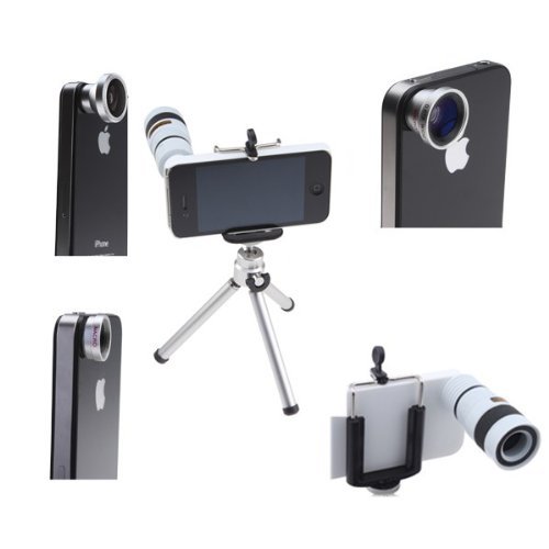 4 in 1 Camera Lens Kit for Apple iPhone 4 (8X White Telephoto Lens, Fish Eye Lens, Wide Angle + Micro Lens) Plus Tripod and Hard Case