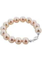 925 Sterling Silver 12mm Peach Simulated Pearl 8 inch Long Swarovski Elements Crystal Bracelet