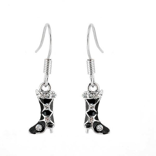 Perfect Gift - High Quality Elegant Black Boot Earrings with Silver Swarovski Crystals (737)