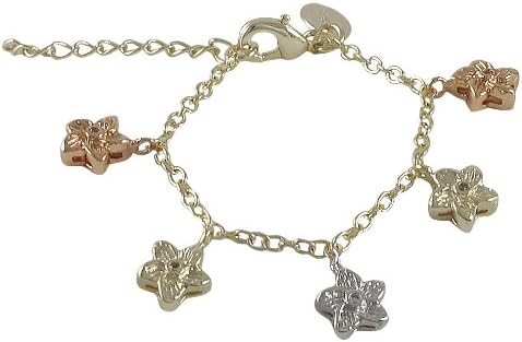 Tri Color Gold Finish CZ Flower Baby Little Girls Teens Charm Bracelet (4 inches with 1 inch extension)