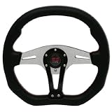 UNIVERSAL 350mm STEERING WHEEL BLACK/SILVER SPOKES ALL BLACK LEATHER