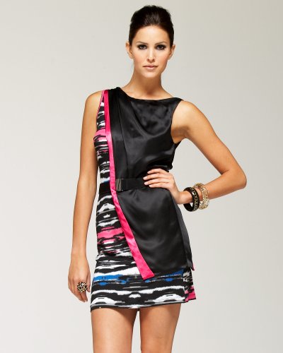 Belted Print Sheath Dress - black (S)