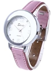 Womens Quartz Wristwatch Pink Leather Band Rhinestone Dial Arabic Numeral Mark