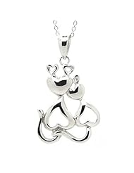 .925 Sterling Silver Heart Shaped Cute Couple Cat Loves Charm Necklace 18