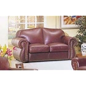 Nail Head Accented Burgundy Leather Match Sofa Couch Love Seat