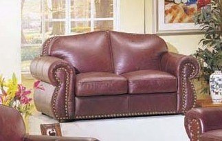 Nail Head Accented Burgundy Leather Match Sofa Couch Love Seat