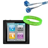 Premium Soft Black Silicon Cover for Apple iPod Nano 6th Gen Skin Case ( 6th Generation Nano, 6G, 6th Gen ) compatible with 8GB / 16GB + Blue Headphones + Live * Laugh * Love Vangoddy Wrist Band!!!
