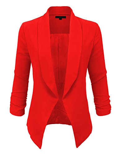 LE3NO Womens Textured 3/4 Sleeve Open Blazer Jacket, L3NWJC1196- RED, Medium