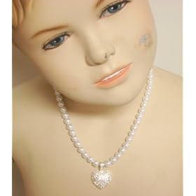 Short Chain White Simulated Pearl Necklace with Crystals and Cubic Zirconia Heart Pendant and...