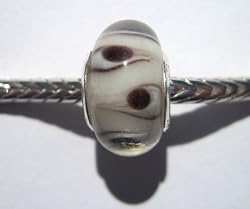 Murano Style Glass Lampwork 925 Bead Fits Pandora White and Brown Swirl, 14mm (1)