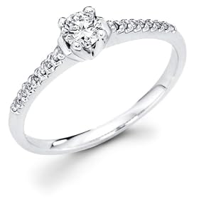 Size - 4 - 14k White Gold Solitaire Round Diamond Engagement Ring w/ Micro Pave Set Diamond Side Stones (1/3 cttw, 1/4 ct Center, G-H Color, SI1 Clarity): Jewelry