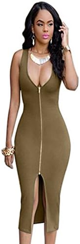 Hi Holiday Women's Sleeveless Zip Front Midi Dress Army Green