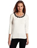 Jones New York Women's 3/4 Sleeve Scoop Neck Shirt With Beading, Sugar, X-Large