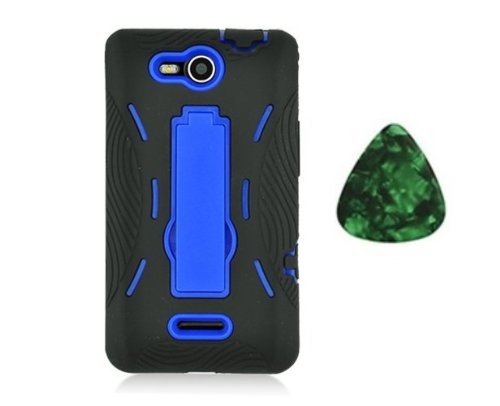 For LG OPTIMUS EXCEED VS840PP / LUCID 4G VS840 Kickstand Hybrid Hard Phone Cover Case - Black / Blue + Free Green Stone Pry Tool