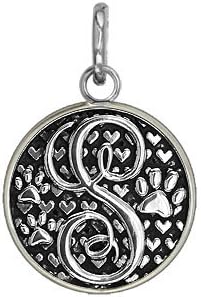S - Small Solid 925 Sterling Silver with Black Finish Szira Collection Paw and Hearts Monogram Initial S Charm, Pendant, Key Ring, for Dog, Cat or Person