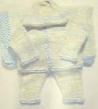 Cpk9, Knitted on Hand Knitting Machine Finished by Hand Crochet Ivory and Blue Tweed Double Ply Chenille Cardigan Sweater Pant Hat Set Matching 32 Inches By 46 Inches Large Blanket