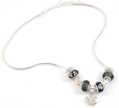Personalised Engraved Name Black & Grey Charm Necklace Women's Pandora Style Gift Boxed - PLEASE SPECIFY DETAILS IN GIFT MESSAGE SECTION