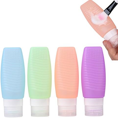 Bemaystar Silicone Travel Container Bottles Set with Makeup Brush Cleaner Mat TSA Approved - Squeezable &amp; Refillable for Shampoo, Cosmetics, Toiletry, Lotion (Pack of 4 ,48ml/Bottle)