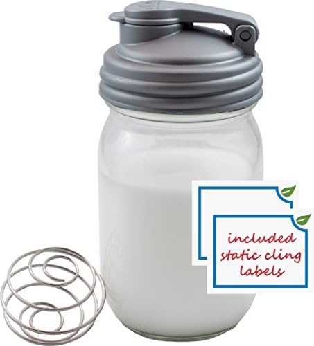 Glass Milk Bottle with Leak Free Pour Lid and Shaker Ball - For Nut Milks, Smoothies, Protein Shakes, Juices &amp; More - 16 oz Jar - Includes 2 Static Cling Labels by Earth-Kind Kits