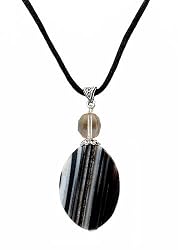 Necklace - N10 - Genuine Semi Precious Gemstone on Black Silky Satin Cord - Oval Shape ~ Black Striped Agate