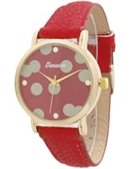 Womens Geneva Polka Dot Style Leather Watch - Red